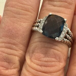 DAVID YURMAN. Petite Wheaton Ring. Sterling Silver. 3.60 c Hampton Blue Topaz.